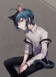 Rule 34 | 1boy, ahoge, animal ears, black footwear, black pants, brown background, brown eyes, cat boy, cat ears, cat tail, closed mouth, collared shirt, commentary request, danganronpa (series), danganronpa v3: killing harmony, feet out of frame, goto (sep), gradient background, grey background, invisible chair, long sleeves, looking at viewer, male focus, pants, saihara shuichi, shirt, short hair, simple background, sitting, solo, suspenders, suspenders slip, tail, white shirt, wing collar