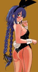 Rule 34 | 1girl, absurdres, ahoge, alternate costume, animal ears, ass, bare shoulders, black leotard, blue eyes, blue hair, blush, braid, clenched teeth, collar, detached collar, fake animal ears, fake tail, fishnet pantyhose, fishnets, from behind, highleg, highleg leotard, highres, kou (spad7u59), leotard, long braid, long hair, looking at viewer, looking back, mushoku tensei, orange background, pantyhose, playboy bunny, profile, rabbit ears, rabbit tail, roxy migurdia, simple background, solo, standing, strapless, strapless leotard, tail, teeth, thong leotard, twin braids, very long hair, white collar, white wrist cuffs, wrist cuffs