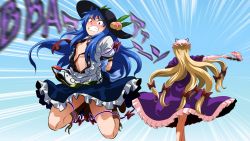 Rule 34 | 2girls, apron, aura, black hat, blonde hair, blue background, blue hair, blue skirt, blush, boots, bow, censored, clenched teeth, commentary request, constricted pupils, dark aura, dress, elbow gloves, emphasis lines, flat chest, floating, folding fan, food, frilled dress, frilled skirt, frills, from behind, fruit, gap (touhou), gloves, gradient background, hair bow, hand fan, hand on own hip, hat, hat ribbon, hinanawi tenshi, knee boots, kneepits, long hair, mob cap, mosaic censoring, multiple girls, nipple slip, nipples, nose blush, open clothes, open shirt, outstretched arm, peach, pink gloves, pink hat, pointless censoring, purple dress, rainbow order, red eyes, restrained, ribbon, shirt, short sleeves, shundou heishirou, sidelocks, skirt, teeth, thighs, touhou, very long hair, waist apron, white shirt, yakumo yukari