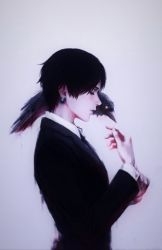 Rule 34 | 1boy, animal, artist request, bird, black hair, character request, closed eyes, copyright request, earrings, eyeshadow, formal, from side, gradient background, grey background, jacket, jewelry, makeup, male focus, necktie, shirt, solo, source request, standing, suit, upper body, white shirt