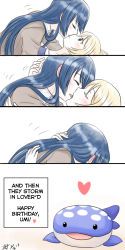 Rule 34 | 10s, 2girls, alternate hairstyle, athyra, ayase eli, blonde hair, blue eyes, blue hair, comic, dated, english text, closed eyes, highres, kiss, long hair, love live!, love live! school idol project, meme, multiple girls, signature, sonoda umi, stuffed animal, stuffed toy, they had lots of sex afterwards (meme), whale, yuri