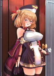 Rule 34 | 1girl, :d, aiguillette, arm garter, azur lane, bare shoulders, black thighhighs, blonde hair, blush, breasts, brown dress, brown gloves, brown hat, brown thighhighs, cape, collared dress, commentary request, covered erect nipples, cowboy shot, cross, door, doorknob, dress, framed breasts, gloves, hair between eyes, hair bun, hair ribbon, halterneck, hat, hey taisyou, highres, iron cross, knocking, leipzig (azur lane), looking at viewer, open mouth, pink eyes, red cape, red ribbon, ribbon, short hair, sidelocks, single hair bun, smile, solo, sound effects, standing, taut clothes, thighhighs, zettai ryouiki
