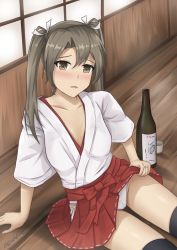 Rule 34 | 1girl, blush, boots, bottle, breasts, clothes lift, collarbone, grey eyes, grey hair, hair ribbon, hakama, hakama lift, hakama short skirt, hakama skirt, highres, hip vent, japanese clothes, kantai collection, lifting own clothes, long hair, panties, ribbon, side-tie panties, sitting, skirt, small breasts, solo, thigh boots, thighhighs, twintails, underwear, white panties, white ribbon, zuikaku (kancolle), zuikillme