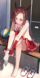 Rule 34 | 1girl, animal ears, ball, barefoot, basketball (object), braid, breasts, brown hair, cleavage, crop top, dressing, elbow gloves, fingerless gloves, full body, gloves, hairband, highres, horse ears, kabocha (monkey4), knee up, legs, long hair, low twin braids, miniskirt, neckerchief, no shoes, pink eyes, red gloves, red neckerchief, red skirt, sakura bakushin o (red-hot leader) (umamusume), sakura bakushin o (umamusume), shirt, shoes, unworn shoes, sitting, skirt, sleeveless, sleeveless shirt, small breasts, smile, sneakers, socks, solo, toes, twin braids, umamusume, v-shaped eyebrows, white socks