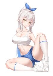 Rule 34 | 1girl, absurdres, bare arms, bare shoulders, blue hair, blue nails, blue shorts, breasts, cleavage, closed mouth, collarbone, commission, crop top, elf, full body, gradient hair, hair ribbon, hand on own knee, head tilt, high ponytail, highres, keibeam, knee up, kneehighs, large breasts, long hair, looking at viewer, micro shorts, midriff, multicolored hair, nail polish, navel, original, pointy ears, ponytail, ribbon, shirt, shoes, short shorts, shorts, sidelocks, simple background, sitting, sleeveless, sleeveless shirt, smile, sneakers, socks, solo, sports bra, stomach, thighs, two-tone hair, very long hair, white background, white footwear, white hair, white shirt, white socks, yellow eyes