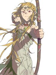 Rule 34 | 1girl, bare shoulders, blonde hair, bow (weapon), commentary, drawing bow, dress, earrings, highres, holding, holding bow (weapon), holding weapon, iuew, jewelry, looking at viewer, nintendo, pointing, pointing at viewer, pointy ears, princess zelda, red eyes, simple background, sleeveless, sleeveless dress, solo, the legend of zelda, the legend of zelda: tears of the kingdom, weapon, white background, white dress