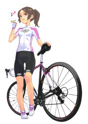 Rule 34 | 1girl, :t, bicycle, bike jersey, bike shorts, brown eyes, brown hair, eating, food, heart, hitomi kazuya, long hair, musical note, original, ponytail, quaver, shoes, simple background, sneakers, solo, white background