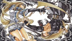Rule 34 | 1boy, 1girl, abs, bare legs, belt, black gloves, blindfold, blonde hair, blue eyes, breasts, commentary, detached sleeves, dong hole, eddie (guilty gear), english commentary, english text, gloves, guilty gear, guilty gear x, guilty gear xx, hair between eyes, highres, large pectorals, long hair, medium breasts, millia rage, muscular, muscular male, pectorals, shaded face, thighs, very long hair, zato-1