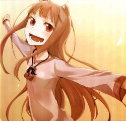 Rule 34 | 00s, 1girl, absurdres, animal ears, ayakura juu, brown hair, fang, highres, holo, long hair, pouch, red eyes, smile, solo, spice and wolf, wolf ears