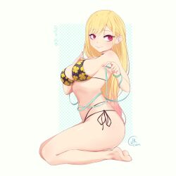 Rule 34 | 1girl, artist logo, artist name, bikini, black bikini, blonde hair, blue background, breasts, closed mouth, dot nose, eyebrows, eyelashes, female focus, fingernails, full body, hand on own chest, hands up, jk arts, kitagawa marin, large breasts, light blush, long fingernails, long hair, looking at viewer, looking to the side, nail polish, pink nails, print bikini, red eyes, seiza, side-tie bikini bottom, simple background, sitting, smile, solo, sono bisque doll wa koi wo suru, swimsuit, thighs, two-tone background, watermark, white background
