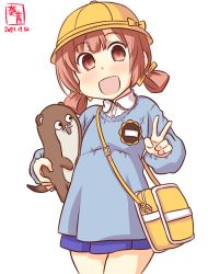 Rule 34 | 1girl, alternate costume, artist logo, bag, blue shirt, blue skirt, bokukawauso, brown eyes, brown hair, commentary request, cowboy shot, dated, hair rings, hat, kaiboukan no. 4 (kancolle), kanon (kurogane knights), kantai collection, kindergarten bag, kindergarten uniform, long hair, long sleeves, looking at viewer, low twintails, name tag, one-hour drawing challenge, pleated skirt, school hat, school uniform, shirt, simple background, skirt, solo, stuffed otter, twintails, white background, yellow hat