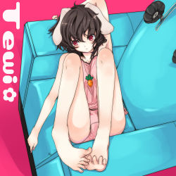 Rule 34 | 1girl, animal ears, arm behind head, armpits, bad anatomy, bad feet, barefoot, black hair, blue upholstery, brown hair, rabbit ears, camisole, carrot, chair, colorized, couch, expressionless, feet, female focus, highres, inaba tewi, jewelry, ko-&gt;u, legs, looking away, necklace, panties, polka dot, poorly drawn, red eyes, solo, suggestive pose, toes, touhou, underwear, yatosaki haru