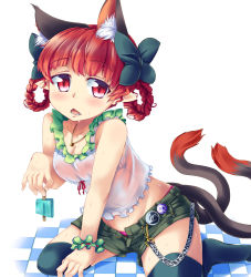 Rule 34 | 1girl, alternate costume, alternate hairstyle, animal ears, bad id, bad pixiv id, badge, bare shoulders, black thighhighs, blush, bow, bra, braid, braided hair rings, breasts, casual, cat ears, cat girl, cat tail, checkered floor, contemporary, covered erect nipples, extra ears, female focus, floor, food, groin, hair bow, hair rings, hot, jewelry, kaenbyou rin, konata gazel, looking at viewer, medium breasts, multiple tails, nanatsuhane, necklace, nipples, open mouth, panties, pink panties, popsicle, red eyes, red hair, see-through, shorts, sitting, skull, solo, sweat, tail, thighhighs, touhou, twin braids, unbuttoned, underwear, wet, wet clothes