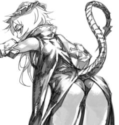 Rule 34 | ass, bad drawr id, bad id, black panties, cape, character request, copyright request, cowboy shot, dress, greyscale, horns, leaning forward, looking at viewer, monochrome, oekaki, outstretched arm, panties, revealing clothes, shinazo, short hair, sideways glance, simple background, tail, tail raised, underwear, white background