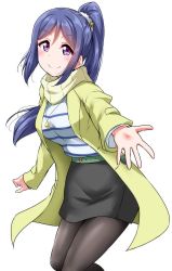 Rule 34 | 1girl, belt, black pantyhose, black skirt, blue hair, blush, coat, commentary request, hair ornament, hair scrunchie, highres, jewelry, long hair, long sleeves, looking at viewer, love live!, love live! school idol festival, love live! sunshine!!, matsuura kanan, miniskirt, outstretched hand, pantyhose, pencil skirt, pendant, ponytail, purple eyes, scarf, scrunchie, shirt, sidelocks, simple background, skirt, smile, solo, striped clothes, striped shirt, white background, white scrunchie, yellow coat, yellow scarf, yopparai oni