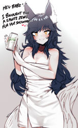 Rule 34 | 1girl, ahri (league of legends), animal ear fluff, animal ears, bare shoulders, black hair, can, drink can, ehrrr, english text, highres, league of legends, long hair, looking at viewer, naked towel, simple background, soda, soda can, solo, sprite (drink), tail, towel, yellow eyes
