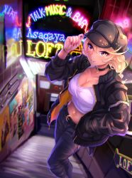 Rule 34 | 1girl, amaryllis gumi, belt, blonde hair, blurry, blush, bracelet, breasts, cabbie hat, choker, cleavage, collarbone, commentary request, cropped shirt, depth of field, fake nails, fang, fang out, hand in pocket, hat, hat tip, highres, jacket, jewelry, jpeg artifacts, large breasts, midriff, navel, navel piercing, neon lights, open clothes, open jacket, ouga saki, pants, parted lips, piercing, shashaki, shirt, solo, virtual youtuber, white shirt