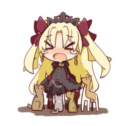 Rule 34 | &gt; &lt;, 1girl, blonde hair, blush, chain, chibi, commentary request, crying, dog, earrings, ereshkigal (fate), ereshkigal (third ascension) (fate), fate/grand order, fate (series), headdress, highres, jewelry, long hair, nose blush, nuu (nu-nyu), simple background, standing, tohsaka rin, two side up, white background, xo