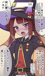Rule 34 | 1girl, animal ears, belt, blush, brown hair, commentary request, hair rings, hat, horse ears, kayama kenji, long hair, looking at viewer, open mouth, purple eyes, ribbon, simple background, solo, sweep tosho (umamusume), translation request, twintails, umamusume, witch hat, yellow background