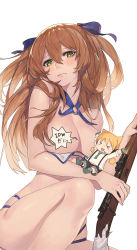 Rule 34 | &gt; &lt;, 2girls, :3, :d, absurdres, arms up, bad id, bad pixiv id, bikini, bikini pull, blonde hair, blue ribbon, blush, bolt action, breasts, censored, censored nipples, character censor, chibi, cleavage, closed mouth, clothes pull, embarrassed, fingerless gloves, girls&#039; frontline, gloves, green gloves, gun, hair between eyes, hair ribbon, highres, holding, holding gun, holding weapon, idw (girls&#039; frontline), jam (nandade), knee up, large breasts, long hair, looking at viewer, looking down, m1903 springfield, multiple girls, novelty censor, o-ring, o-ring bikini, official alternate costume, open mouth, parted lips, ribbon, rifle, shorts, simple background, sitting, smile, solo focus, speech bubble, springfield (girls&#039; frontline), springfield (stirring mermaid) (girls&#039; frontline), suspender shorts, suspenders, swimsuit, translated, twintails, two side up, weapon, white background, white bikini