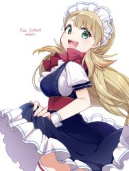 Rule 34 | 1girl, alternate costume, blonde hair, bow, copyright name, fire emblem, fire emblem heroes, from side, green eyes, kishiro azuhito, lifting own clothes, long hair, looking back, maid headdress, nintendo, open mouth, red bow, sharena (fire emblem), short sleeves, simple background, solo, white background, wrist cuffs