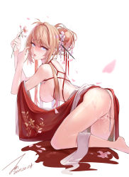 Rule 34 | 1girl, absurdres, ass, azur lane, bad id, bad pixiv id, bare shoulders, barefoot, blonde hair, blue eyes, breasts, chinese clothes, commentary request, cum, cum on ass, dated, dress, flower, from side, glorious (azur lane), glorious (pungent plum) (azur lane), hair ornament, hair stick, hairpin, highres, holding, holding flower, janload1ng, large breasts, looking at viewer, looking to the side, neck ribbon, nipples, no bra, no panties, official alternate costume, open mouth, petals, red dress, ribbon, signature, simple background, solo, sweat, tearing up, tongue, tongue out, wide sleeves