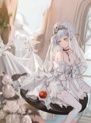 Rule 34 | 1girl, apple, bare shoulders, bird, black choker, blue hair, breasts, bridal veil, choker, closed mouth, collarbone, dress, flower, food, fruit, girls&#039; frontline, hair flower, hair ornament, highres, jewelry, looking down, necklace, official alternate costume, pigeon, qiujiao, ring, short hair, simple background, sitting, small breasts, solo, thighhighs, veil, wedding band, wedding dress, white thighhighs, yellow eyes, zas m21 (affections behind the bouquet) (girls&#039; frontline), zas m21 (girls&#039; frontline)