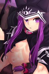 Rule 34 | 1girl, blush, bow, braid, breasts, buckle, cloak, collar, fate/grand order, fate (series), hair bow, hood, hooded cloak, i-pan, leash, long hair, looking at viewer, medusa (fate), medusa (lancer) (fate), medusa (rider) (fate), midriff, navel, parted lips, purple eyes, purple hair, rider, sitting, small breasts, solo, stomach, underboob, very long hair