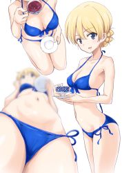 Rule 34 | 10s, 1girl, :d, arched back, armpits, bad id, bad twitter id, bare arms, bare shoulders, bikini, blonde hair, blue bikini, blue eyes, blue ribbon, blurry, blush, braid, breasts, cameltoe, cleavage, closed mouth, collarbone, crotch, cup, darjeeling (girls und panzer), depth of field, drink, foreshortening, french braid, from above, from below, front-tie bikini top, front-tie top, gin&#039;you haru, girls und panzer, groin, head out of frame, highres, holding, holding cup, inactive account, legs together, liquid, looking at viewer, looking down, medium breasts, multiple views, navel, open mouth, ribbon, saucer, seiza, shiny skin, short hair, side-tie bikini bottom, simple background, sitting, smile, stomach, swimsuit, tareme, tea, teacup, thighs, white background