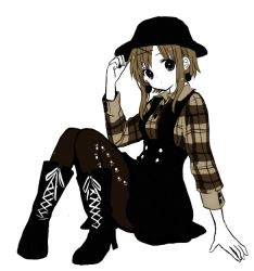 Rule 34 | 1girl, anzu (o6v6o), boots, cross-laced footwear, full body, gumi, hand on headwear, hat, high heel boots, high heels, lace-up boots, looking at viewer, monochrome, pantyhose, plaid, short hair, short hair with long locks, simple background, solo, vocaloid, white background