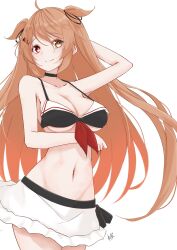 Rule 34 | 1girl, ahoge, animal ears, arm under breasts, arm up, bikini, black bikini, breasts, brown hair, closed mouth, collarbone, commentary, cowboy shot, front-tie bikini top, front-tie top, hair ornament, hairclip, heterochromia, highres, kantai collection, large breasts, long hair, looking at viewer, murasame (kancolle), murasame kai ni (kancolle), navel, neve (morris-minicooper), official alternate costume, paid reward available, red eyes, simple background, smile, solo, strap gap, swimsuit, underboob, very long hair, white background, yellow eyes