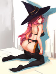 Rule 34 | 1girl, arc system works, ass, bad id, bad pixiv id, black pantyhose, blazblue, blazblue phase 0, breasts, brown eyes, clothes pull, feet, from behind, hat, highres, kneeling, konoe a. mercury, large breasts, long hair, looking at viewer, looking back, no shoes, pantyhose, pantyhose pull, red hair, softmode, solo, witch hat