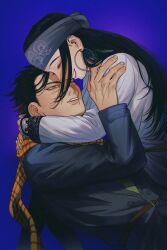 Rule 34 | 1boy, 1girl, absurdres, ainu, ainu clothes, asirpa, black hair, black pantyhose, blue background, blue jacket, closed eyes, earrings, eyelashes, face-to-face, facial scar, facing another, golden kamuy, hair over face, hand up, headband, highres, hoop earrings, hug, jacket, jewelry, lap pillow, laughing, long hair, long sleeves, looking at another, lying, on back, one eye closed, pantyhose, parted lips, plaid, plaid scarf, profile, robe, scar, scar on cheek, scar on face, scar on mouth, scar on nose, scarf, short hair, smile, songyeerhu, sugimoto saichi, white robe