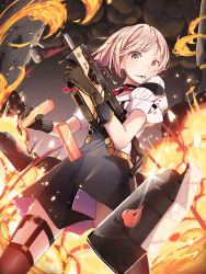 Rule 34 | 1girl, black gloves, black thighhighs, blush, brown hair, girls&#039; frontline, gloves, gun, holding, holding gun, holding weapon, looking at viewer, pot-palm, puffy short sleeves, puffy sleeves, short hair, short sleeves, smoke, solo, thighhighs, vector (girls&#039; frontline), weapon, yellow eyes