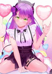 Rule 34 | 1girl, absurdres, bad id, bad pixiv id, balloon, barbell piercing, baseball cap, beret, black bow, black bowtie, black hat, black ribbon, black skirt, blush, bow, bowtie, braid, collared shirt, colored inner hair, demon girl, demon tail, ear piercing, earrings, fake horns, french braid, frilled shirt, frilled sleeves, frills, gluteal fold, gradient hair, green eyes, hair bun, hair ornament, hair ribbon, hairclip, hat, heart balloon, heart o-ring, high-waist skirt, highres, holding, holding balloon, hololive, horned headwear, horns, industrial piercing, jewelry, leg tattoo, linked piercing, long hair, looking at viewer, loose socks, maria onnette, miniskirt, multicolored hair, o-ring, o-ring thigh strap, on bed, one side up, parted lips, piercing, pleated skirt, pom pom (clothes), purple hair, ribbon, shirt, short sleeves, side bun, single side bun, sitting, skirt, socks, solo, suspender skirt, suspenders, swept bangs, tail, tail ornament, tail piercing, tattoo, thigh strap, tokoyami towa, virtual youtuber, wariza, white legwear, white shirt