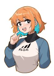 Rule 34 | 1girl, :d, adidas, black eyes, blue hair, brand name imitation, colored inner hair, commentary, english commentary, highres, maidcousin, multicolored hair, nail polish, open mouth, orange hair, original, outline, raglan sleeves, short hair, smile, sweater, teeth, white background