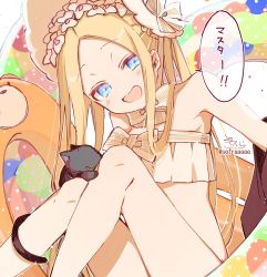 Rule 34 | 1girl, :d, abigail williams (fate), abigail williams (swimsuit foreigner) (fate), abigail williams (swimsuit foreigner) (third ascension) (fate), absurdres, animal, bare shoulders, bikini, black cat, blonde hair, blue eyes, blush, bonnet, bow, cat, commentary request, fate/grand order, fate (series), forehead, hair bow, head tilt, highres, innertube, knees up, looking at viewer, open mouth, parted bangs, signature, sitting, smile, sofra, solo, strapless, strapless bikini, striped, striped bow, swim ring, swimsuit, translated, twitter username, white bikini, white bow, white headwear
