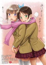 Rule 34 | 2021, 2girls, :d, blush, brown hair, fingernails, green eyes, happy new year, heart, highres, hug, hug from behind, jacket, long sleeves, looking at viewer, malcorond, miniskirt, multiple girls, new year, open mouth, original, pink scarf, pleated skirt, purple eyes, red skirt, scarf, school uniform, shared clothes, shared scarf, short hair, signature, skindentation, skirt, smile, thighhighs, translation request, white legwear, wide-eyed, yellow jacket, yuri