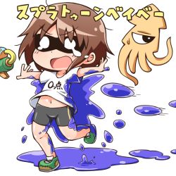Rule 34 | 1girl, bike shorts, brown hair, clothes writing, domino mask, jinnouchi akira, kill me baby, mask, navel, nintendo, o o, one-eyed, open mouth, oribe yasuna, outstretched arms, paint splatter, paint stains, paintball, shirt, short hair, simple background, splatoon (series), splatoon 1, spread arms, squid, standing, standing on one leg, super soaker, sweatdrop, tears, translation request, water gun, white shirt