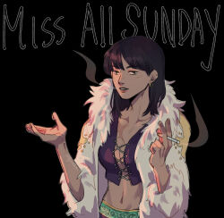 Rule 34 | 1girl, aejooart, black background, black hair, blunt bangs, cigarette, coat, commentary, crop top, earrings, english commentary, fur coat, fur trim, highres, holding, holding cigarette, jewelry, looking at viewer, medium hair, nico robin, nico robin (alabasta), one piece, simple background, smile, smoke, smoking, solo, upper body, white coat