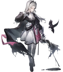 Rule 34 | 1girl, arknights, bird, black cape, black dress, black footwear, black gloves, cape, commentary, crow, dress, feather hair, full body, gloves, grey eyes, grey hair, grey pantyhose, half-closed eyes, highres, holding, holding sword, holding weapon, irene (arknights), loafers, long hair, long sleeves, pantyhose, puddle, rapier, shoes, simple background, solo, sword, sye, torn clothes, weapon, white background