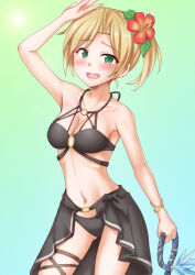 Rule 34 | 1girl, anti (untea9), bikini, black bikini, blonde hair, blue background, blush, breasts, collarbone, flower, gradient background, green eyes, hair flower, hair ornament, highres, hot, kantai collection, maikaze (kancolle), open mouth, ponytail, ribbon, sarong, short hair, small breasts, smile, solo, sweatdrop, swimsuit