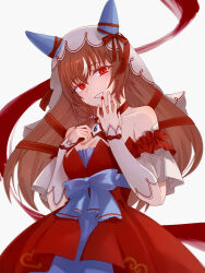 Rule 34 | 1girl, absurdres, animal ears, blush, breasts, brown hair, cleavage, collarbone, commentary request, detached sleeves, fingernails, hair between eyes, hair ornament, highres, horse ears, horse girl, looking at viewer, red eyes, ribbon, simple background, small breasts, solo, still in love (umamusume), umamusume, veil, white background, zarame0830