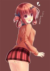 Rule 34 | 10s, 1girl, ^^^, ass, bat hair ornament, black ribbon, blush, breasts, brown background, brown hair, cardigan, cowboy shot, fang, from behind, gabriel dropout, hair between eyes, hair ornament, hair ribbon, hair rings, looking at viewer, looking back, open mouth, outline, pink eyes, plaid, plaid skirt, pleated skirt, red skirt, ribbon, satanichia kurumizawa mcdowell, simple background, skirt, small breasts, solo, suzukawa yui, thighs