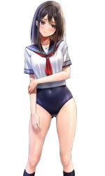 Rule 34 | 1girl, black hair, black one-piece swimsuit, black sailor collar, black socks, brown eyes, competition school swimsuit, covered navel, feet out of frame, head tilt, highres, looking at viewer, medium hair, neckerchief, one-piece swimsuit, original, red neckerchief, sailor collar, sailor shirt, school swimsuit, school uniform, serafuku, shirt, simple background, socks, solo, swimsuit, swimsuit under clothes, white background, yukemuriganmo