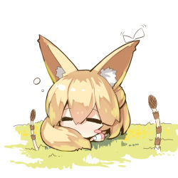 Rule 34 | 1girl, animal ears, barefoot, blonde hair, blush stickers, bug, butterfly, chibi, closed eyes, covered mouth, day, fox ears, fox girl, fox tail, grass, hair between eyes, insect, lying, on grass, on stomach, original, outdoors, pink skirt, shirt, short sleeves, skirt, sleeping, solo, tail, white shirt, yuuji (yukimimi)