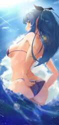 Rule 34 | 1girl, arm support, bikini, blue bikini, blue hair, blue ribbon, blue sky, blush, braid, braided bangs, breasts, commentary, corrupted twitter file, cowboy shot, dress, dutch angle, from behind, from below, from side, hair ribbon, halterneck, highres, hololive, large breasts, lens flare, long hair, looking at viewer, menomeno draw, nape, ocean, official alternate hair length, official alternate hairstyle, pointy ears, ponytail, ribbon, sideboob, sideways glance, sky, solo, string bikini, sundress, swimsuit, twisted torso, virtual youtuber, wading, yellow eyes, yukihana lamy