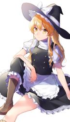 Rule 34 | 1girl, :|, apron, arm rest, black hat, black skirt, black vest, blonde hair, boots, bow, breasts, brown footwear, buttons, closed mouth, elbow on knee, elbow rest, expressionless, foot out of frame, frilled skirt, frills, hand on own knee, hat, hat bow, hat ribbon, high collar, highres, kaede (mmkeyy), kirisame marisa, long hair, looking at viewer, medium breasts, on floor, puffy short sleeves, puffy sleeves, ribbon, shirt, short sleeves, sidelocks, single boot, sitting, skirt, solo, thighs, touhou, vest, waist apron, white apron, white background, white bow, white ribbon, white shirt, witch hat, yellow eyes