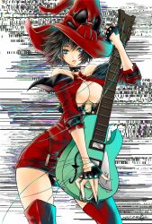 Rule 34 | 1girl, bare shoulders, black gloves, black hair, boots, breasts, cleavage, dress, electric guitar, fingerless gloves, gloves, guilty gear, guilty gear xrd, guitar, hat, highres, i-no, instrument, large breasts, looking at viewer, medium hair, mole, mole above mouth, red dress, red footwear, red headwear, red leather, thigh boots, witch hat, zennomituaka