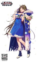 Rule 34 | 1girl, :d, absurdres, black survival, blue cape, blue dress, blue footwear, boots, brown hair, cape, contrapposto, dress, flower, full body, fur-trimmed cape, fur trim, gradient cape, green eyes, green ribbon, hair ornament, highres, leaf, long hair, looking at viewer, official alternate costume, open mouth, pink flower, pink rose, qr code, ribbon, rose, simple background, smile, solo, standing, very long hair, white background, white flower, white rose, yamakawa
